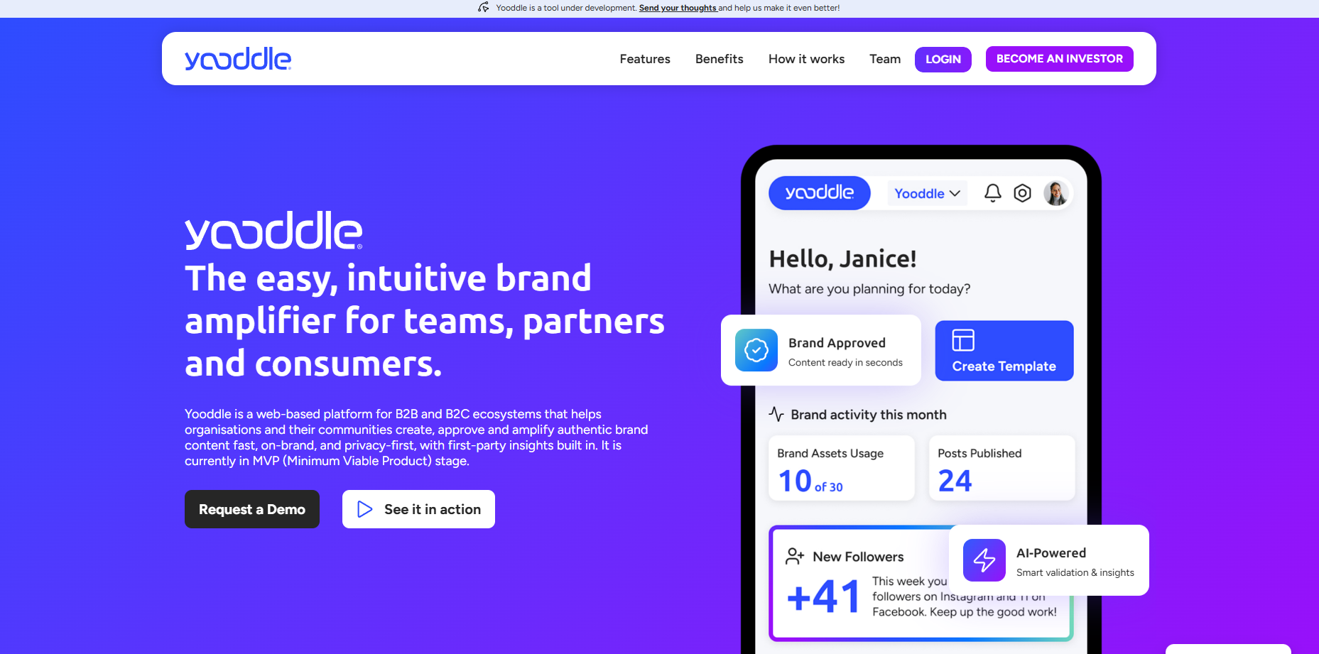 Yooddle product website homepage with the restyled brand and hero product visual