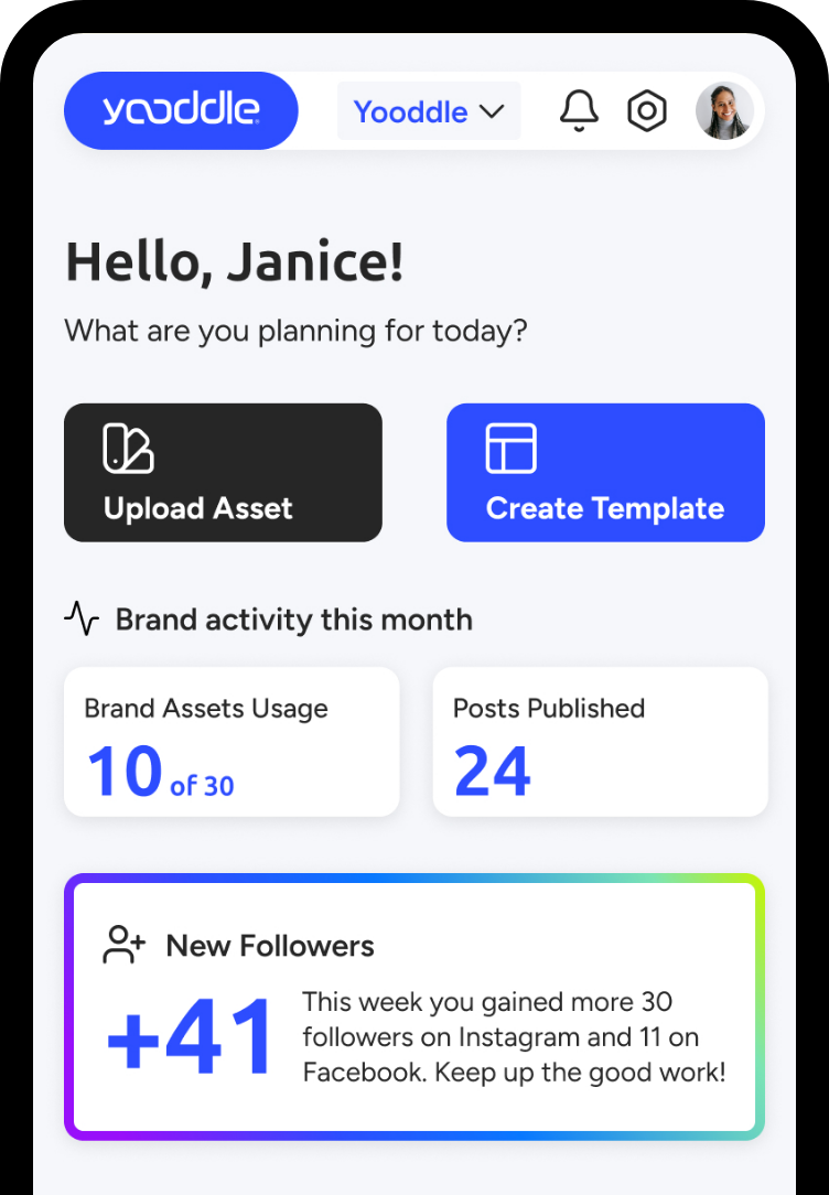 Yooddle app dashboard on mobile showing brand activity and quick actions