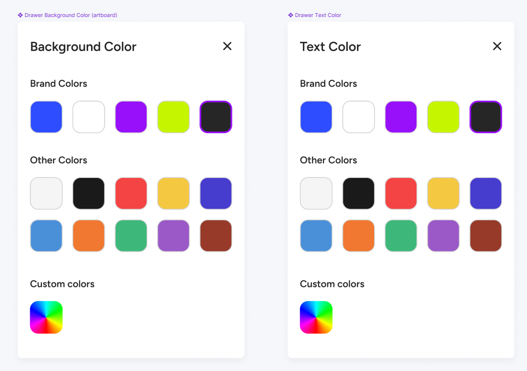 Yooddle app colour picker drawers for background and text colour